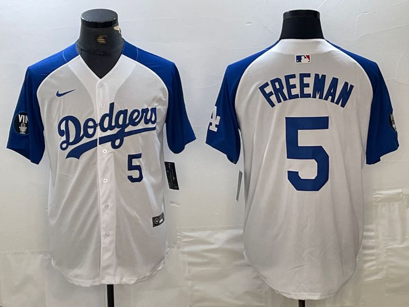 Men Los Angeles Dodgers 5 Freeman White blue Fashion Nike Game MLB Jersey style 2